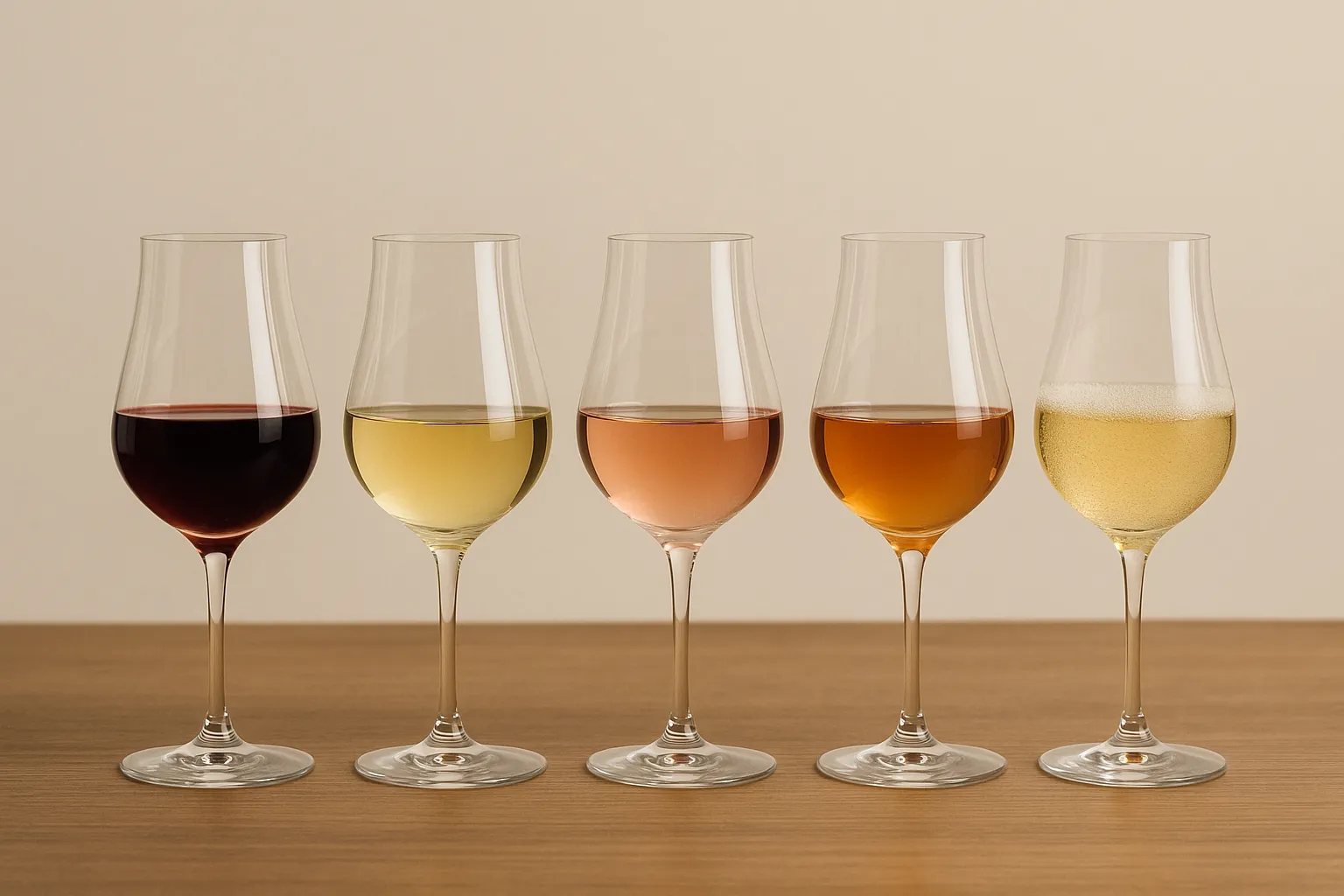 赤・白・ロゼ・オレンジ・スパークリングなど、ワインの種類が並んだグラス