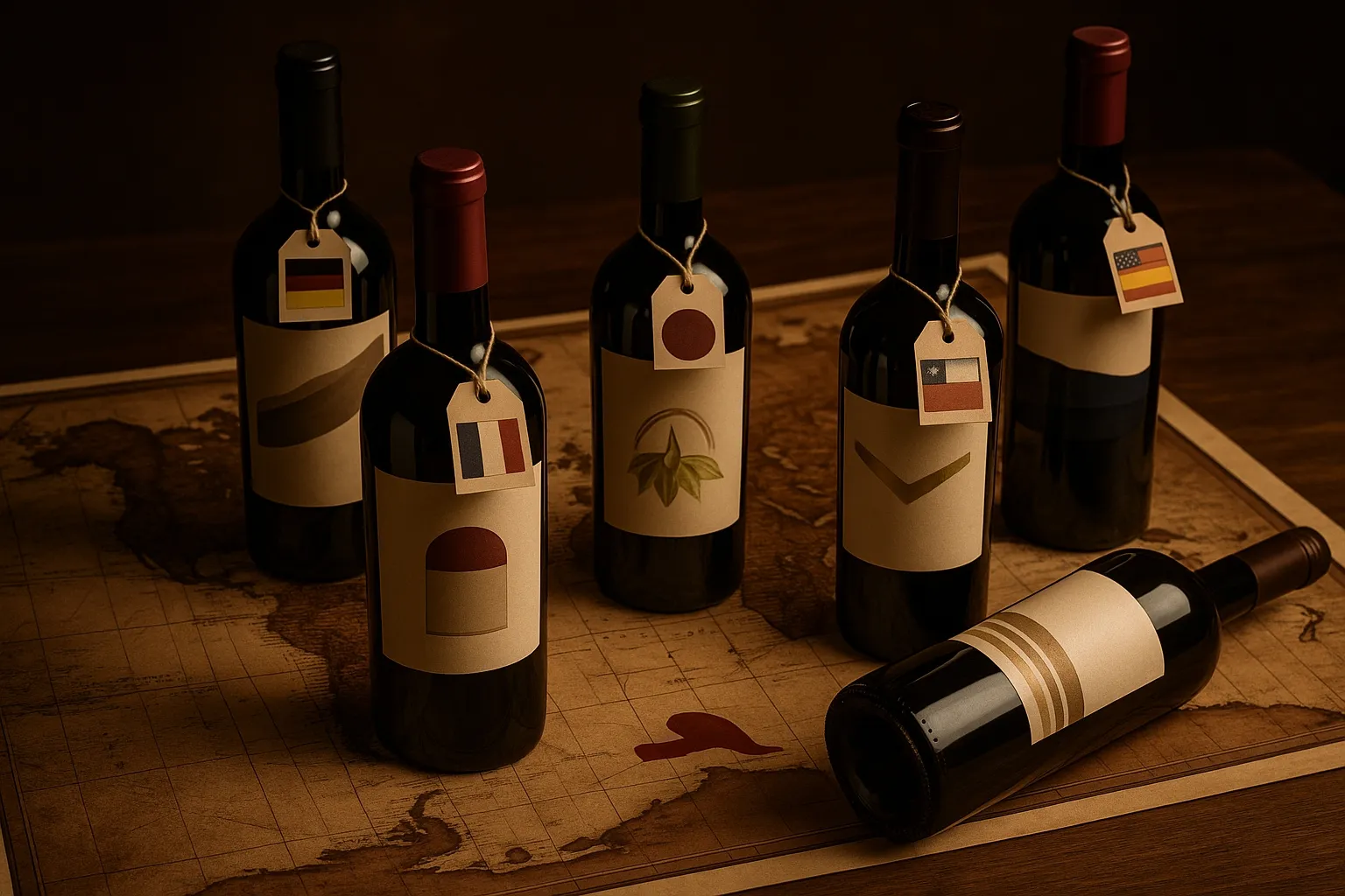 世界地図とさまざまな産地のワインボトル